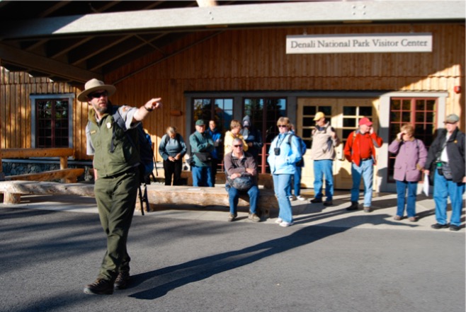 Denali Park Ranger leads a hike from the visitor center